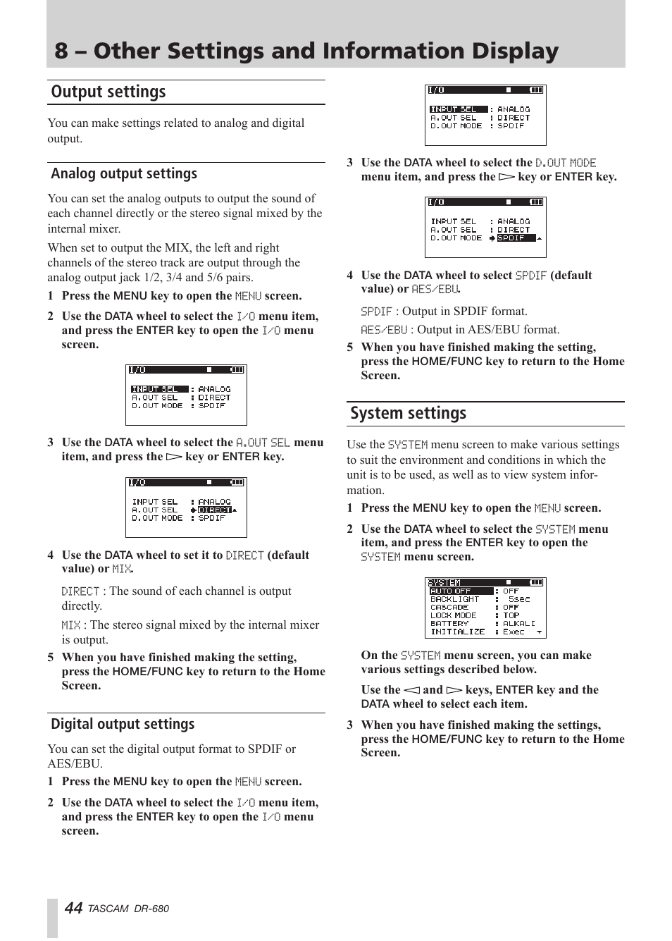 8 – other settings and information display, Output settings, Analog output settings | Digital output settings, System settings, 8 – other settings and information, Display | Teac DR-680 User Manual | Page 44 / 56