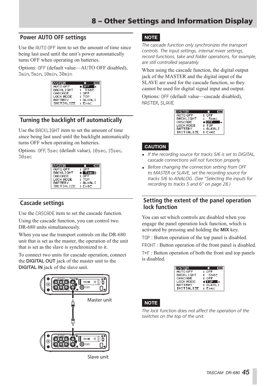 Power auto off settings, Turning the backlight off automatically, Cascade settings | 8 – other settings and information display | Teac DR-680 User Manual | Page 45 / 56