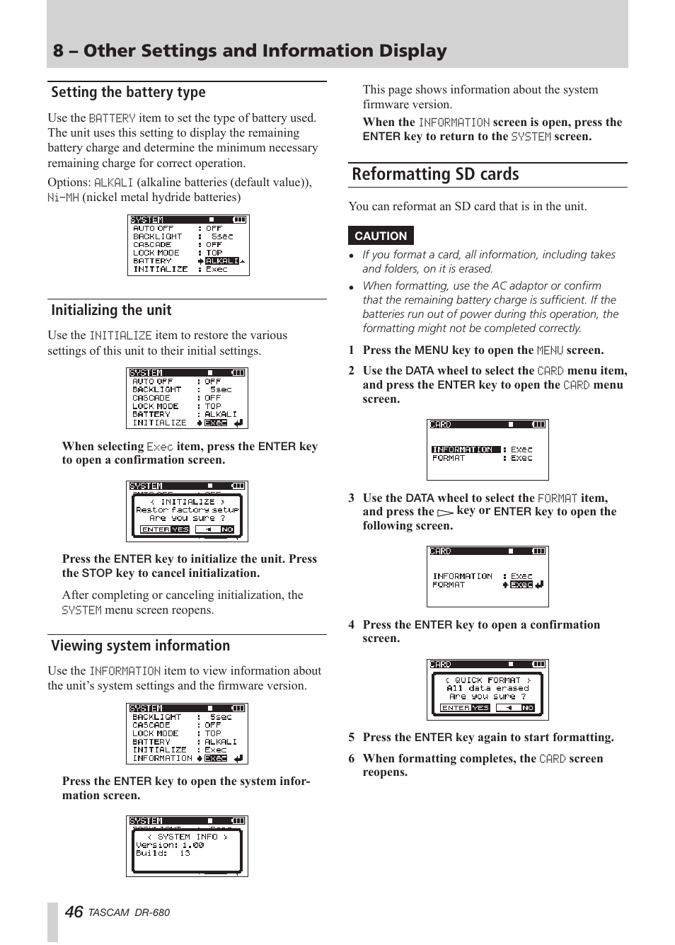 Setting the battery type, Initializing the unit, Viewing system information | Reformatting sd cards, 8 – other settings and information display | Teac DR-680 User Manual | Page 46 / 56