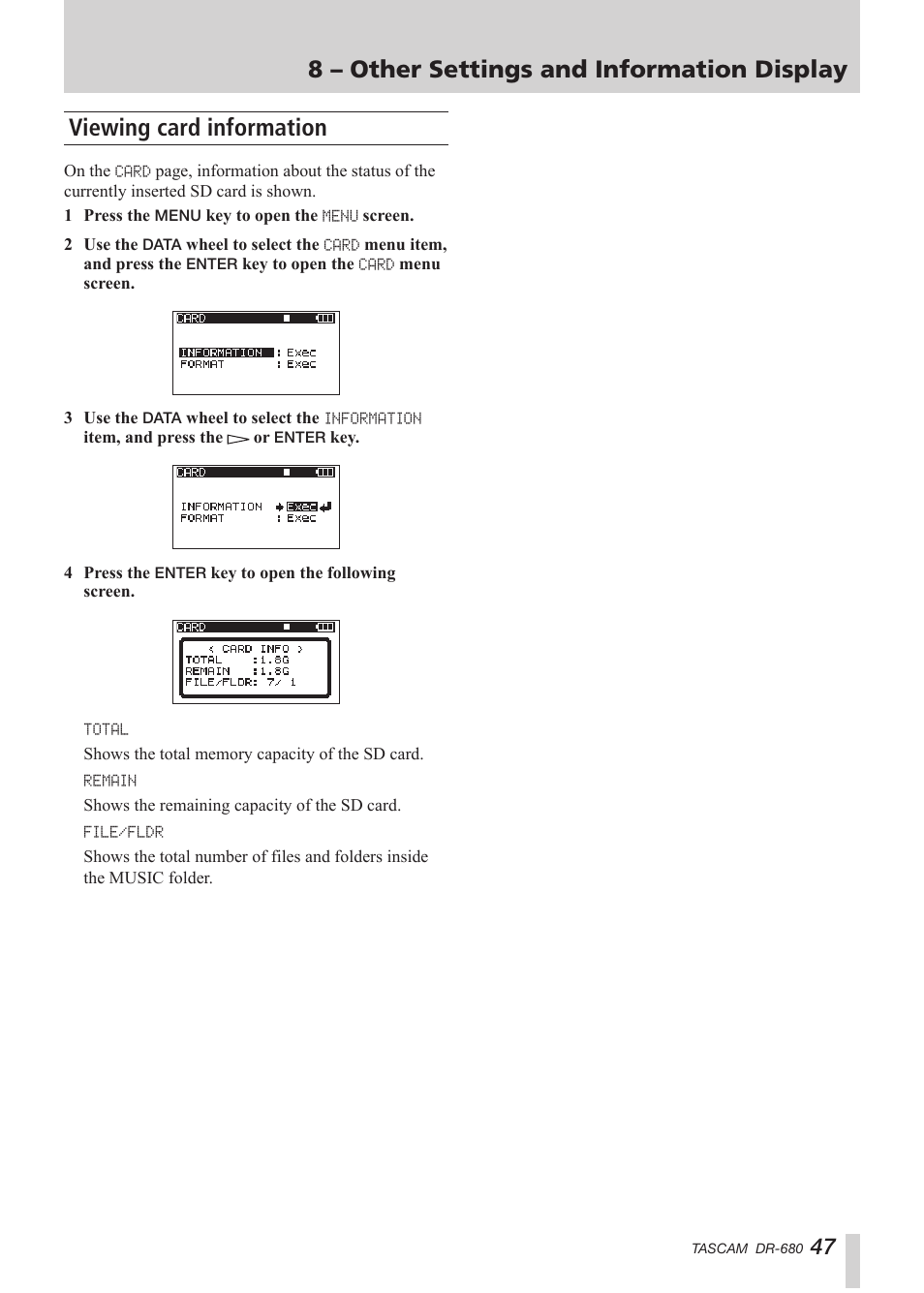 Viewing card information, 8 – other settings and information display | Teac DR-680 User Manual | Page 47 / 56