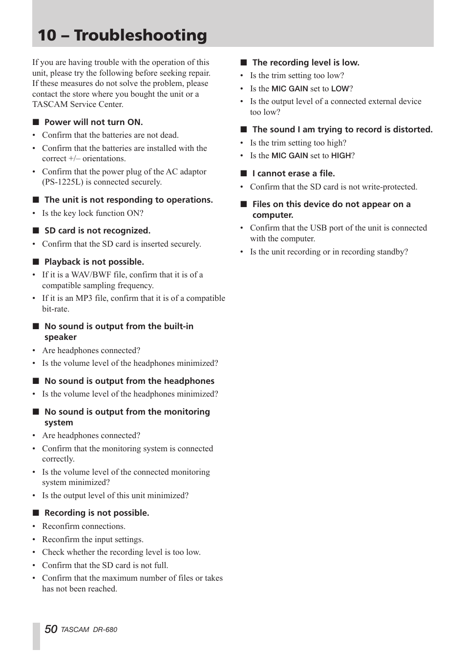 10 – troubleshooting | Teac DR-680 User Manual | Page 50 / 56