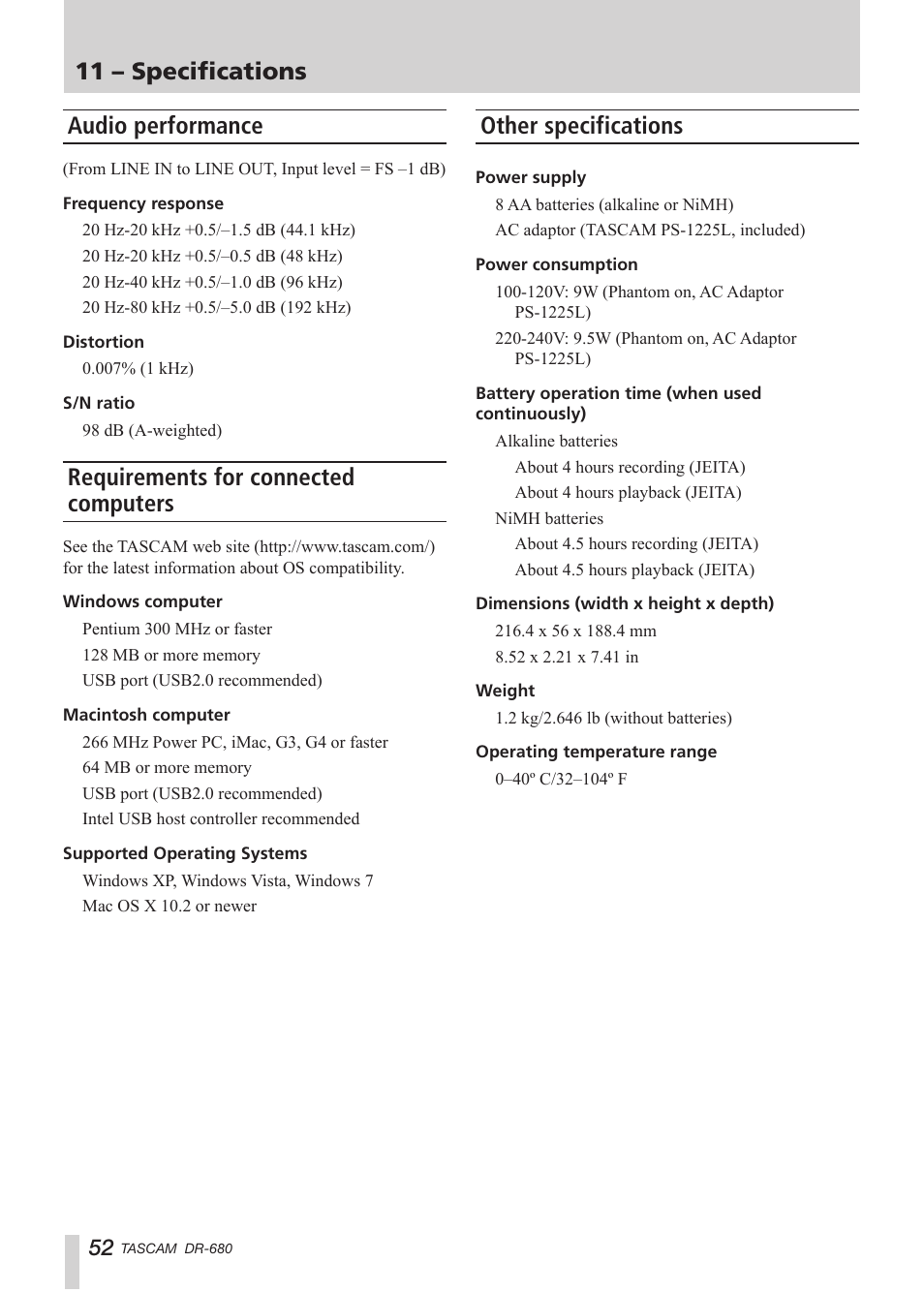 Audio performance, Requirements for connected computers, Other specifications | 11 – specifications | Teac DR-680 User Manual | Page 52 / 56