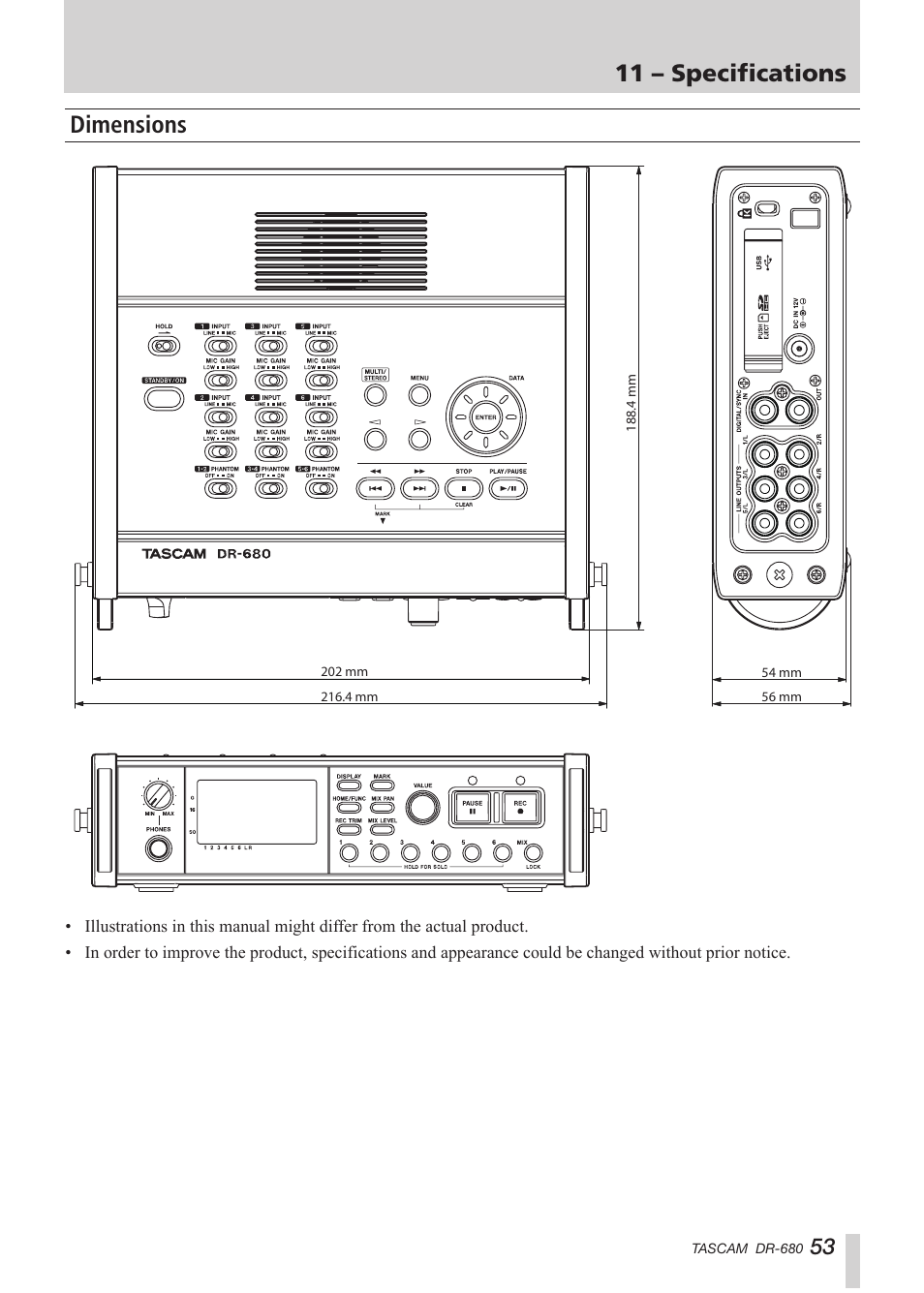 Dimensions, 11 – specifications | Teac DR-680 User Manual | Page 53 / 56