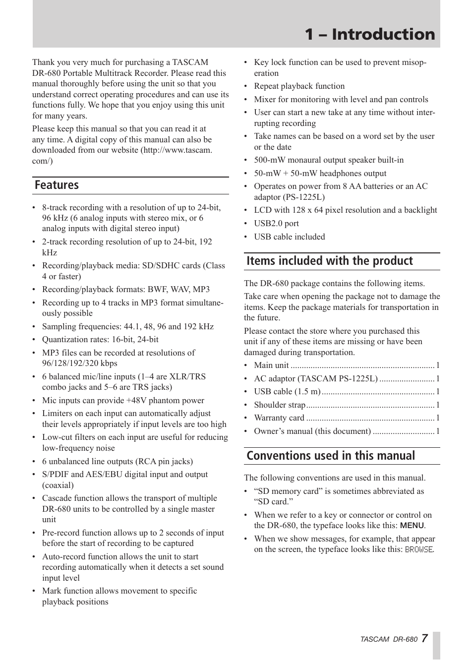 1 – introduction, Features, Items included with the product | Conventions used in this manual | Teac DR-680 User Manual | Page 7 / 56