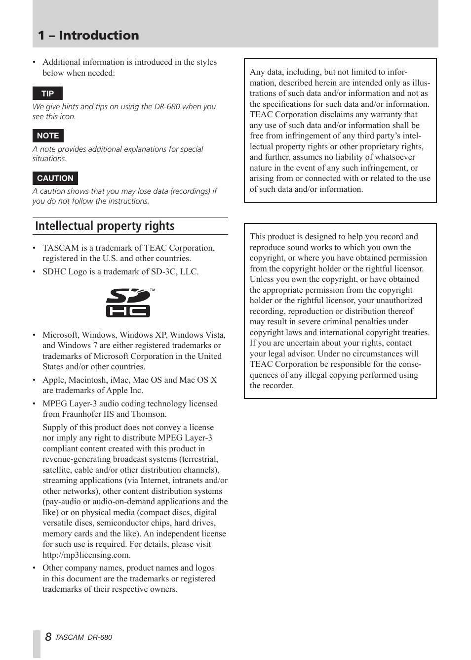 Intellectual property rights, 1 – introduction | Teac DR-680 User Manual | Page 8 / 56