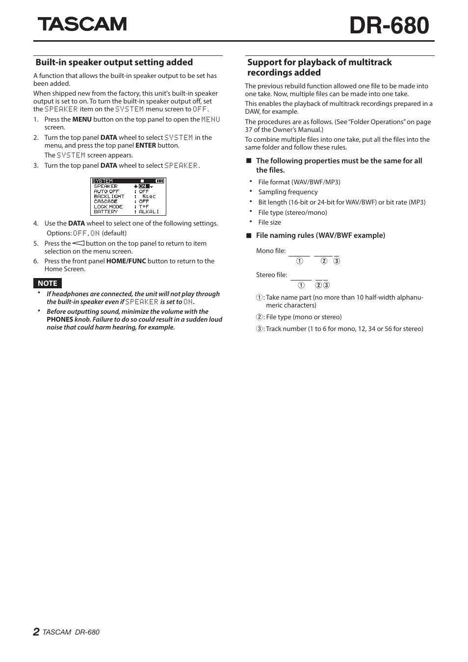 Dr-680, Built-in speaker output setting added | Teac DR-680 Appendum V.1.30 User Manual | Page 2 / 2