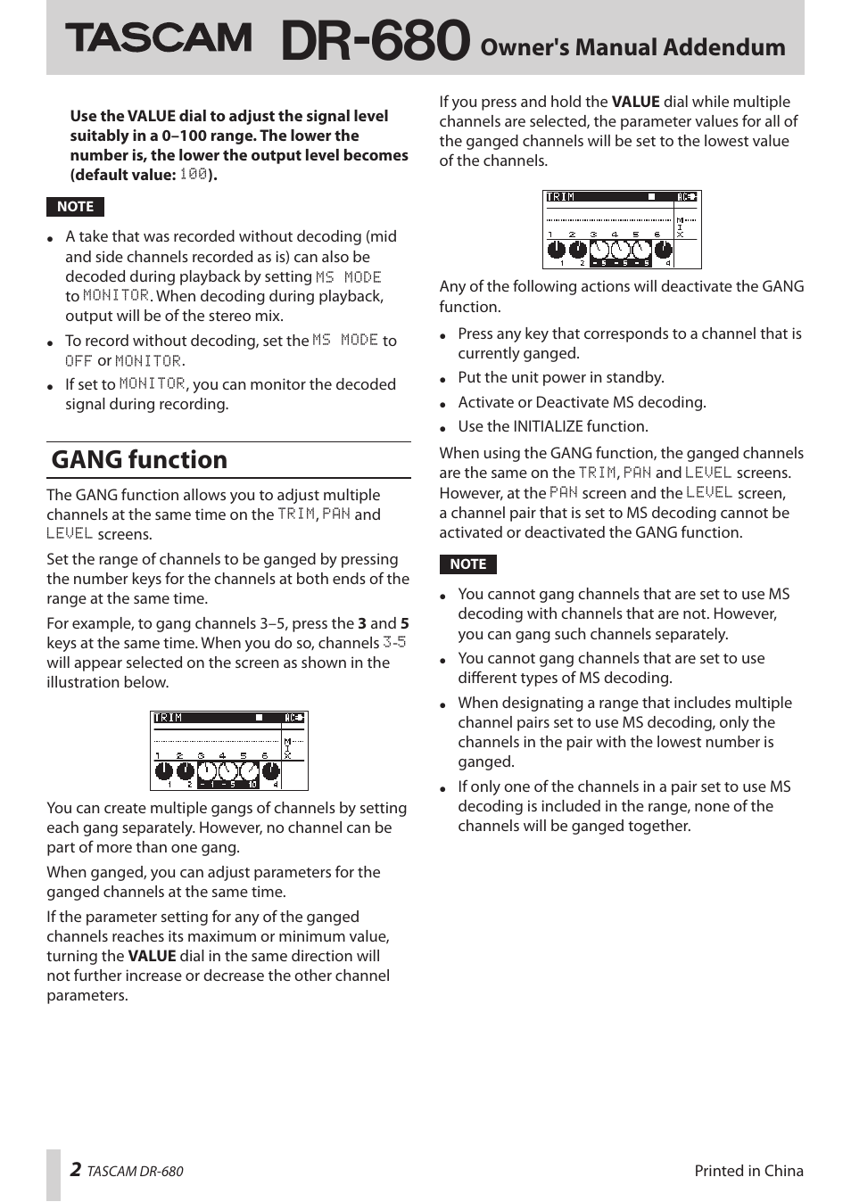 Dr-680, Gang function, Owner's manual addendum | Teac DR-680 Appendum V.1.20 User Manual | Page 2 / 2