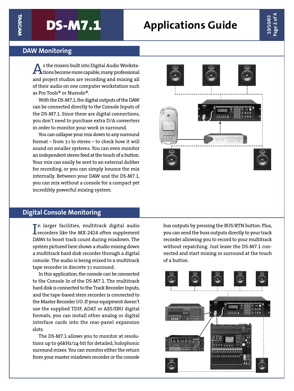 Ds-m7.1, Applications guide, Daw monitoring digital console monitoring | Teac DS-M7.1 Applications Guide User Manual | Page 2 / 4