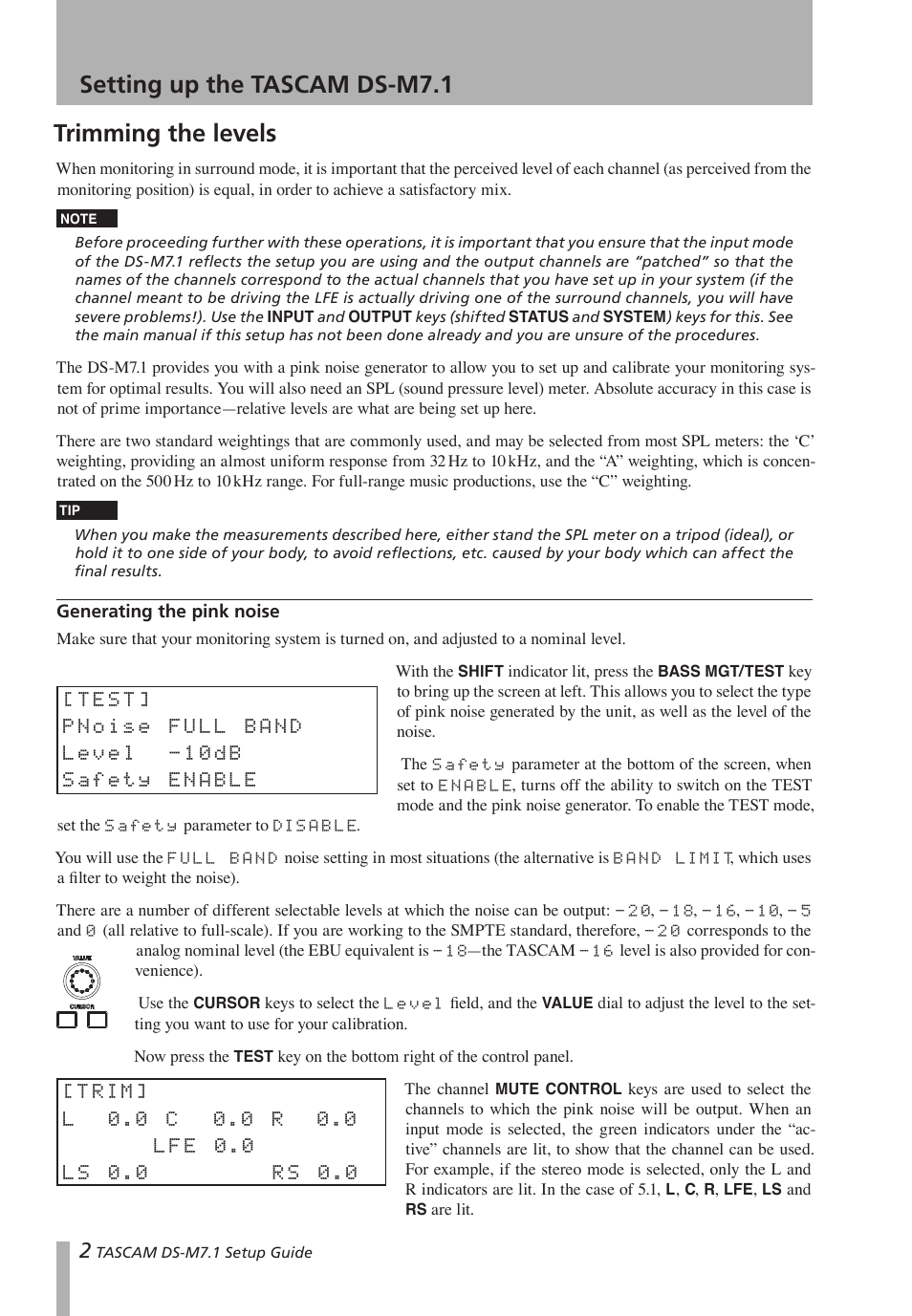 Setting up the tascam ds-m7.1, Trimming the levels | Teac DS-M7.1 Setup Guide User Manual | Page 2 / 4