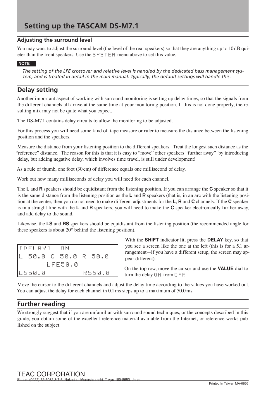 Setting up the tascam ds-m7.1, Delay setting, Further reading | Teac corporation | Teac DS-M7.1 Setup Guide User Manual | Page 4 / 4