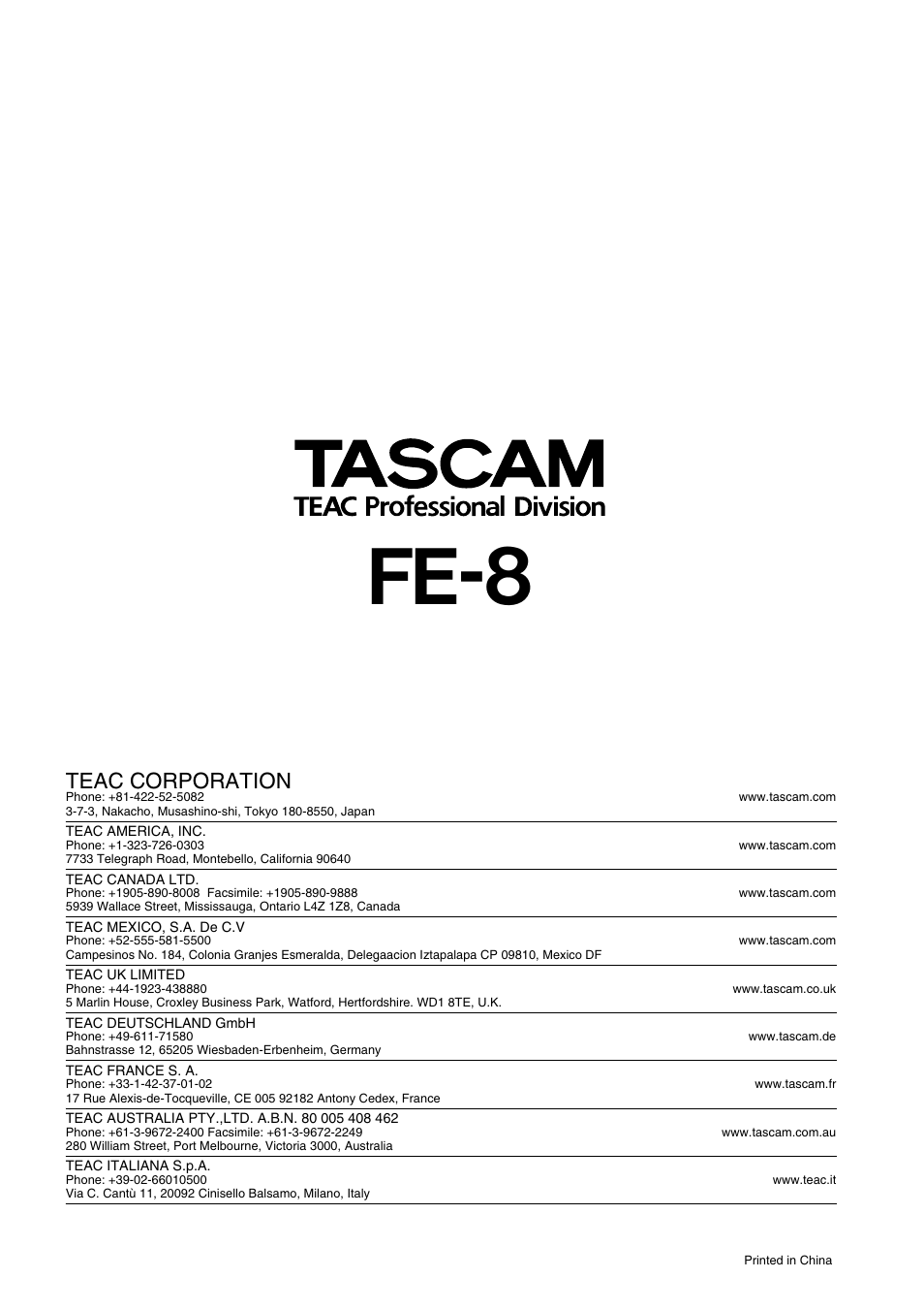 Fe-8, Teac corporation | Teac FE-8 User Manual | Page 12 / 12