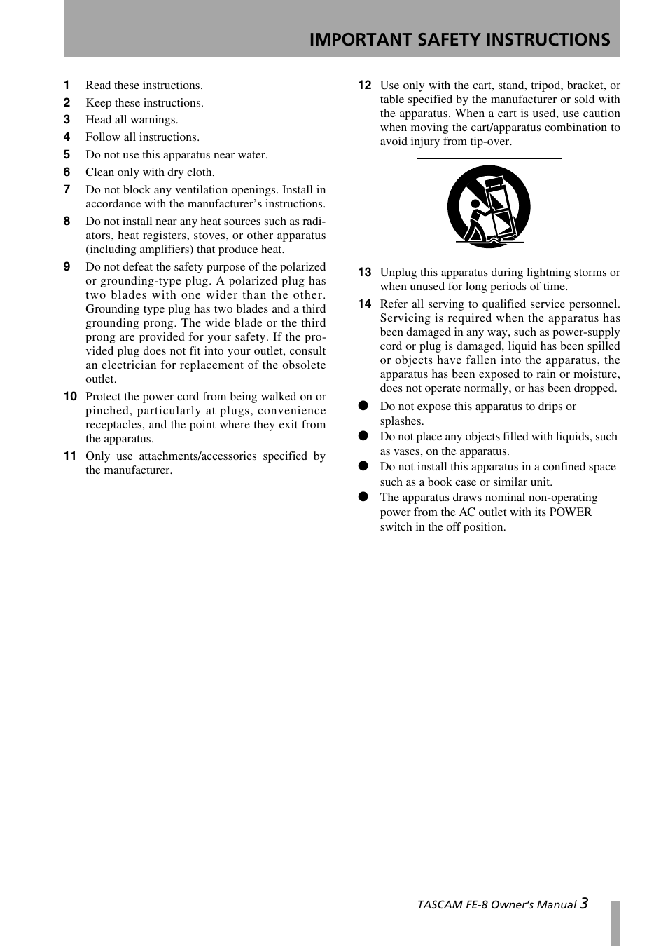 Important safety instructions | Teac FE-8 User Manual | Page 3 / 12