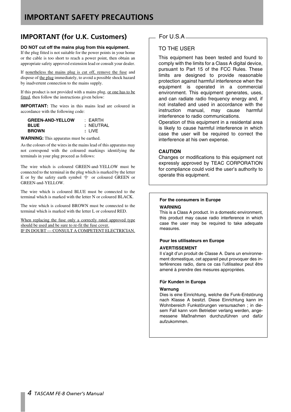 Important safety precautions, Important (for u.k. customers), For u.s.a | Teac FE-8 User Manual | Page 4 / 12