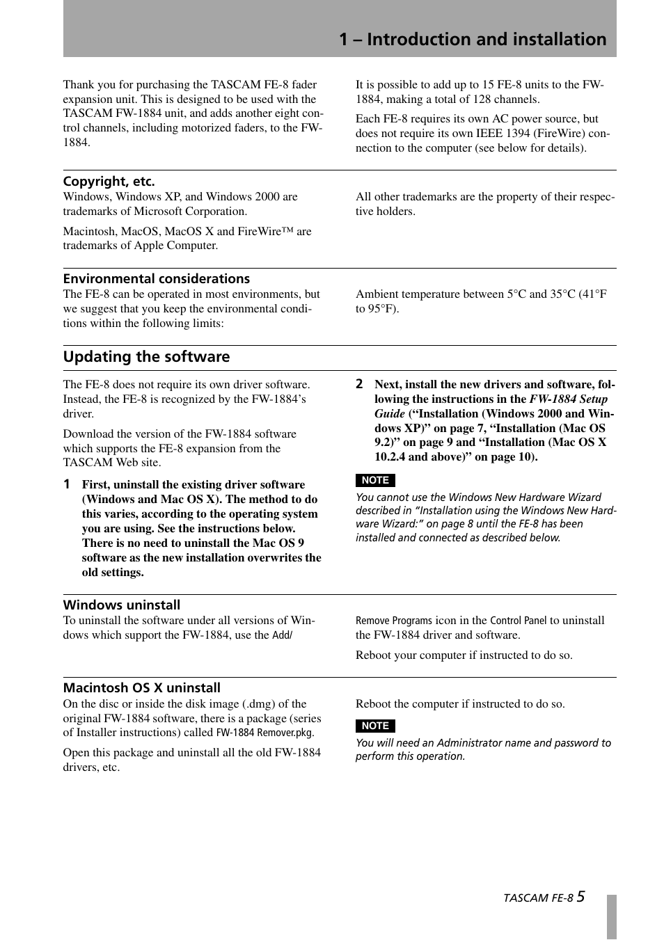 1 - introduction and installation, Copyright, etc, Environmental considerations | Updating the software, Windows uninstall, Macintosh os x uninstall, 1 – introduction and installation | Teac FE-8 User Manual | Page 5 / 12