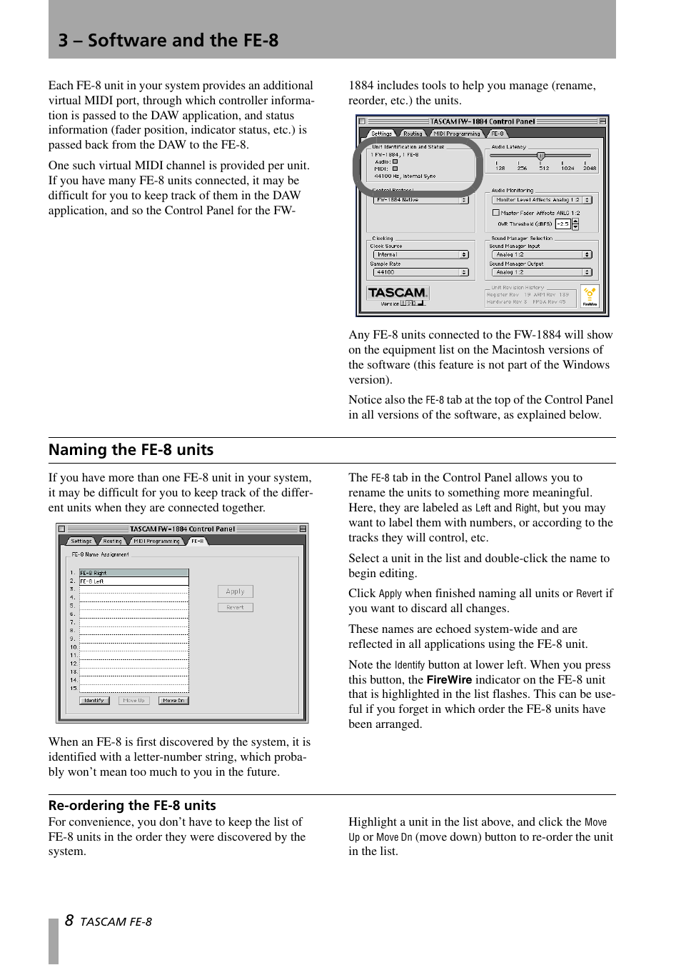 3 - software and the fe-8, Naming the fe-8 units, Re-ordering the fe-8 units | 3 – software and the fe-8 | Teac FE-8 User Manual | Page 8 / 12