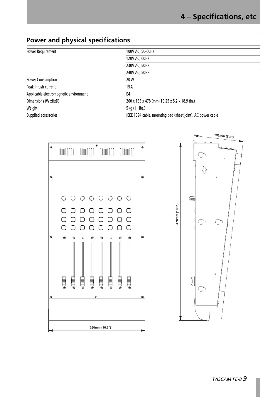 4 - specifications, etc, Power and physical specifications, 4 – specifications, etc | Teac FE-8 User Manual | Page 9 / 12