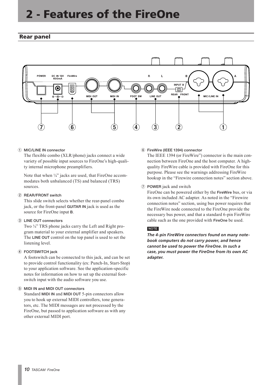 Rear panel, 2 - features of the fireone, Important safety precautions | Teac FireOne User Manual | Page 10 / 24