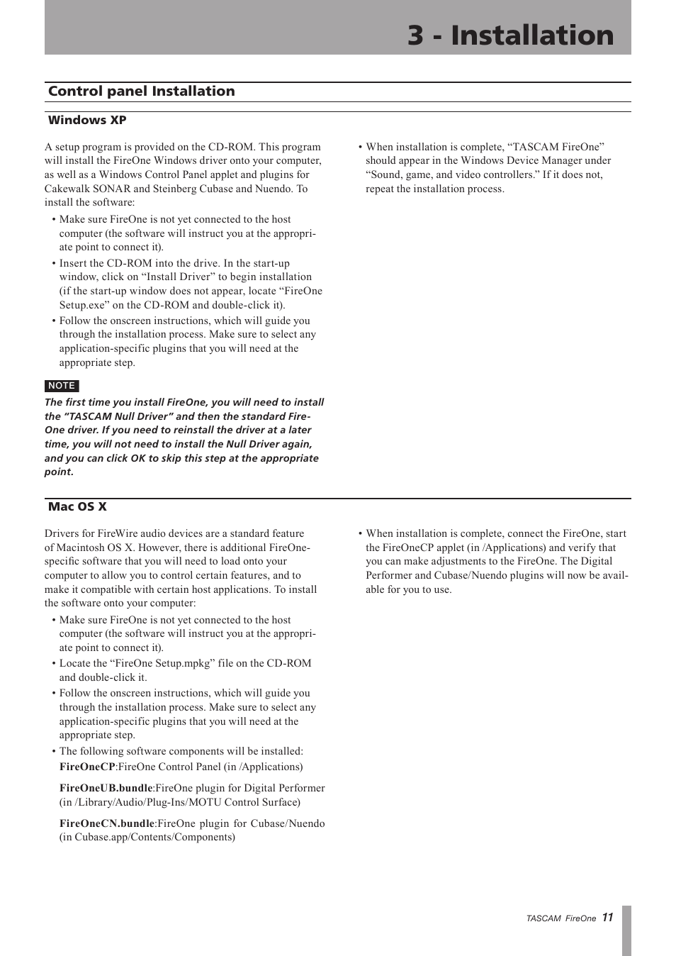 3 - installation, Control panel installation, Windows xp | Mac os x, Windows xp mac os x, Important safety instructions | Teac FireOne User Manual | Page 11 / 24