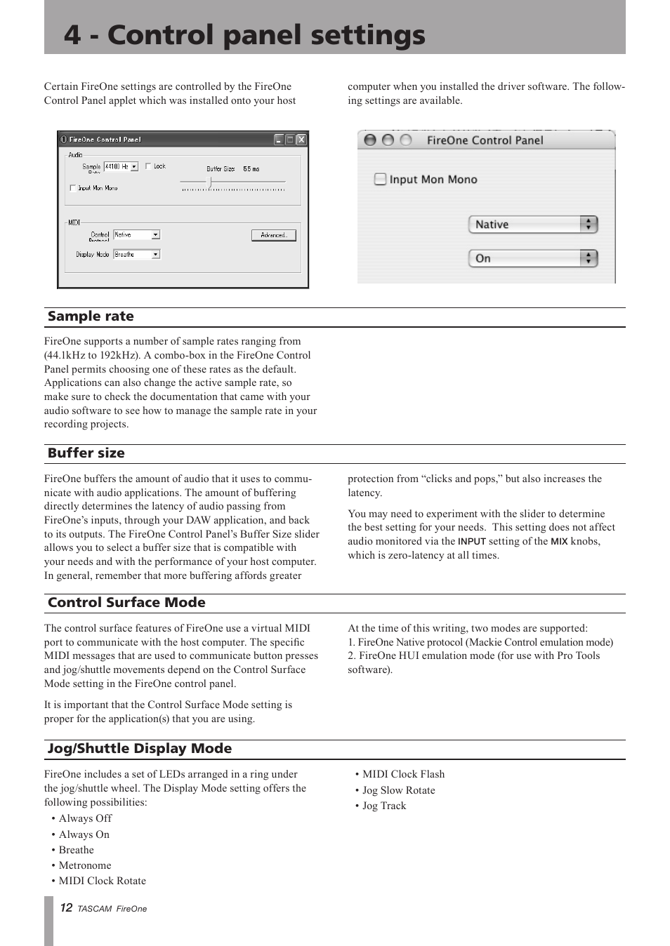 4 - control panel settings, Sample rate, Buffer size | Control surface mode, Jog/shuttle display mode, Important safety precautions | Teac FireOne User Manual | Page 12 / 24