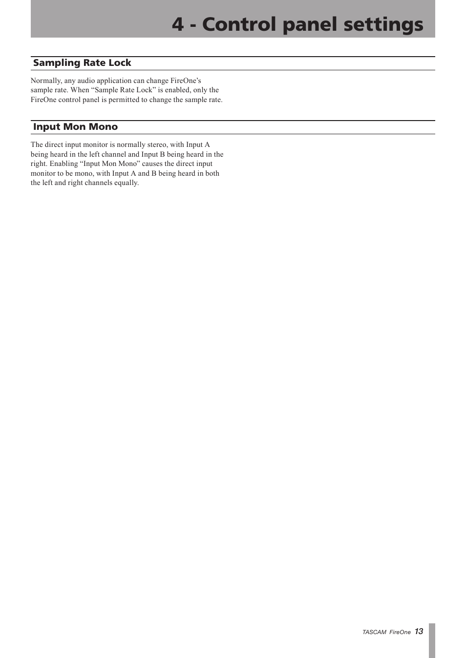 Sampling rate lock, Input mon mono, Sampling rate lock input mon mono | 4 - control panel settings, Important safety instructions | Teac FireOne User Manual | Page 13 / 24