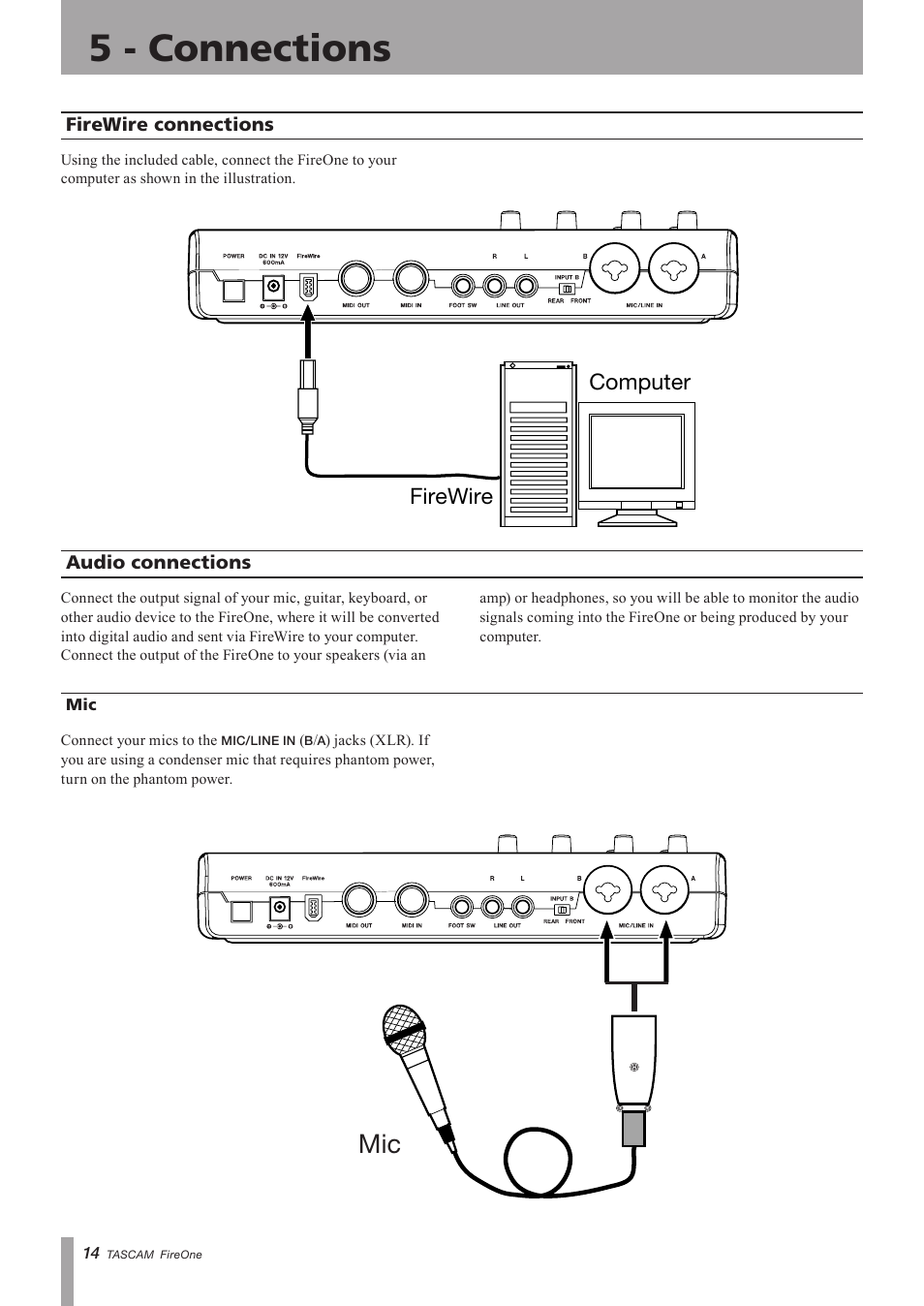 5 - connections, Firewire connections, Audio connections | Firewire connections audio connections, Important safety precautions | Teac FireOne User Manual | Page 14 / 24