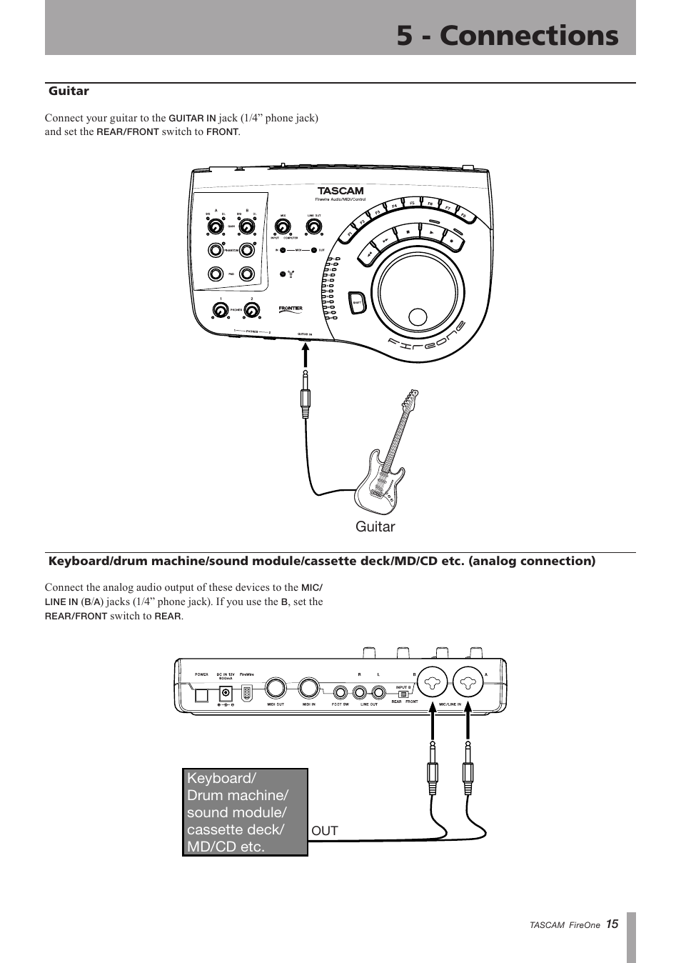 Guitar, Guitar keyboard/drum machine/sound, Module/cassette deck/md/cd | Etc. (analog connection), 5 - connections, Important safety instructions | Teac FireOne User Manual | Page 15 / 24