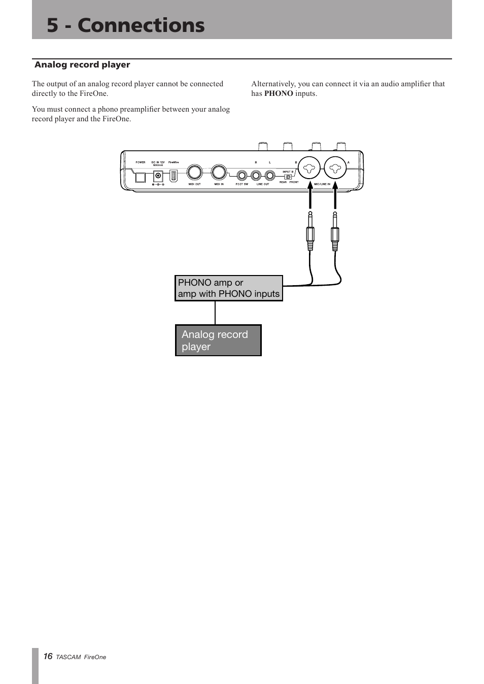 Analog record player, 5 - connections, Important safety precautions | Teac FireOne User Manual | Page 16 / 24