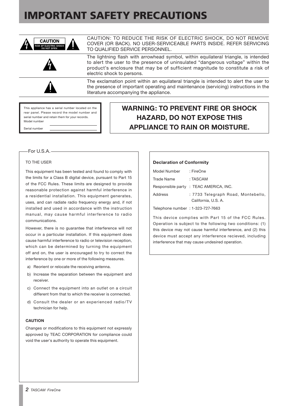 Important safety precautions | Teac FireOne User Manual | Page 2 / 24