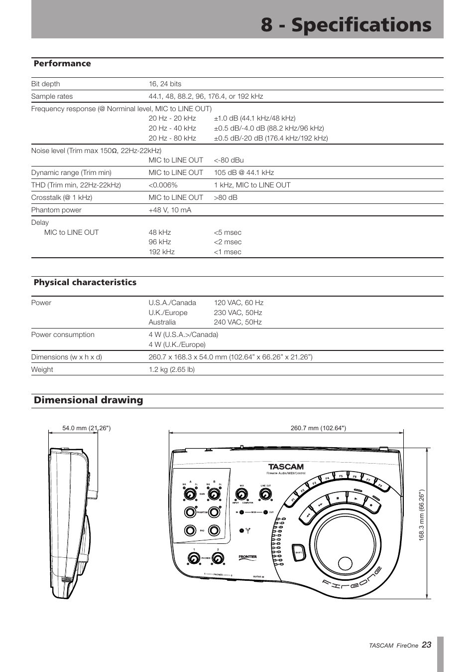 Performance, Physical characteristics, Dimensional drawing | Performance physical characteristics, 8 - specifications, Important safety instructions | Teac FireOne User Manual | Page 23 / 24