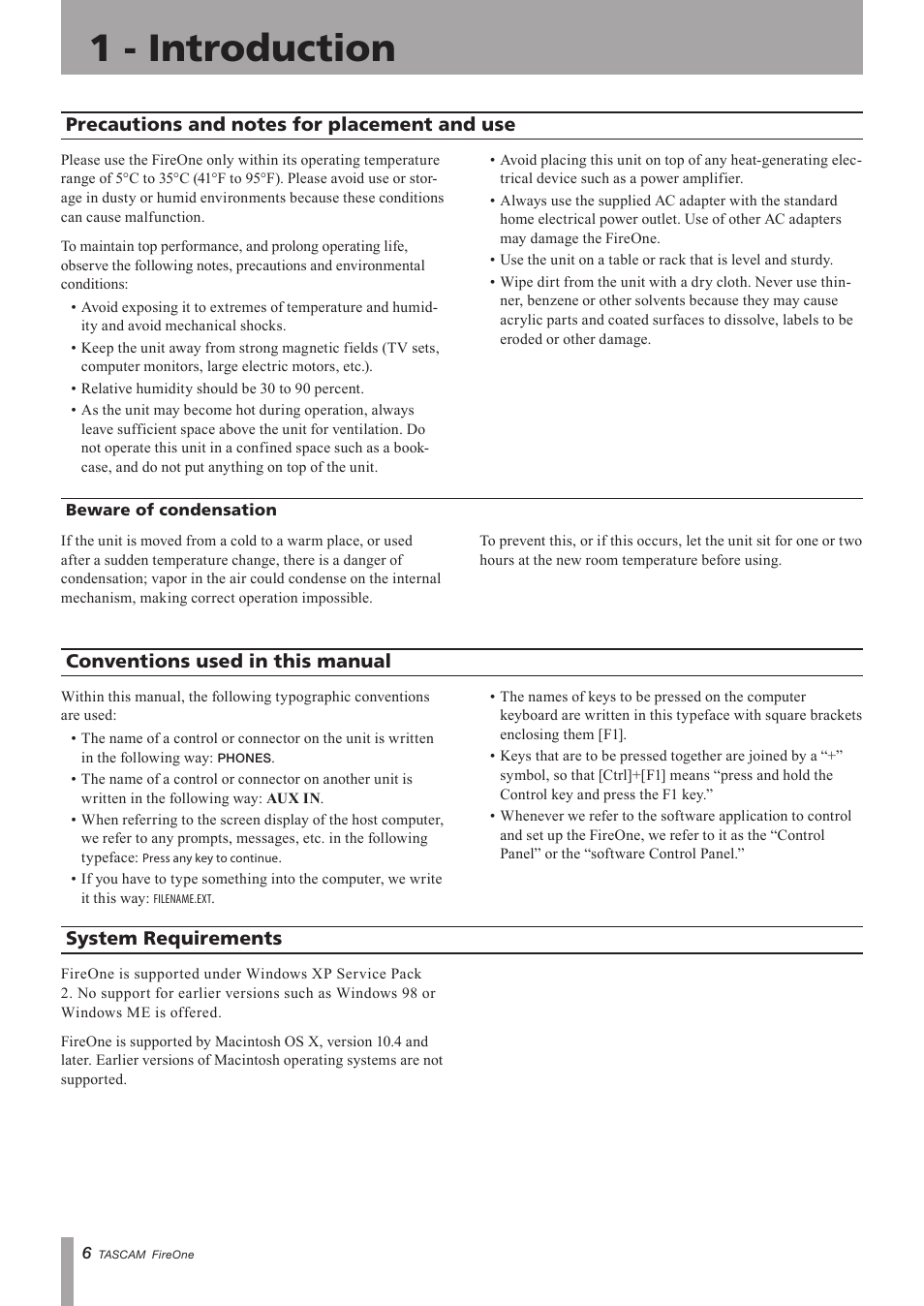 Precautions and notes for placement and use, Beware of condensation, Conventions used in this manual | System requirements, Precautions and notes for, Placement and use, Conventions used in this, Manual system requirements, 1 - introduction, Important safety precautions | Teac FireOne User Manual | Page 6 / 24