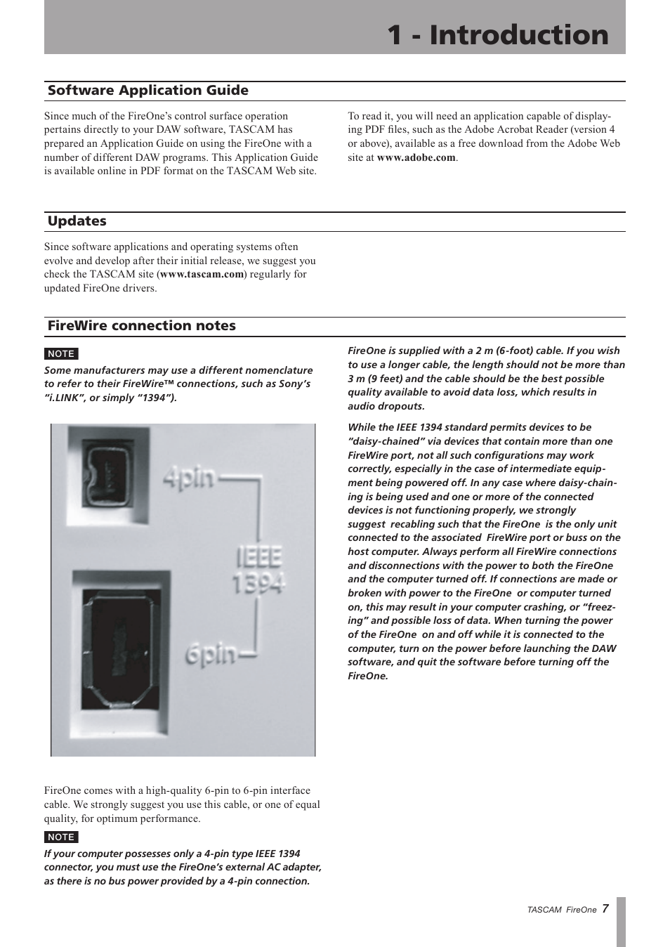 Software application guide, Updates, Firewire connection notes | Software application, Guide updates firewire connection notes, 1 - introduction, Important safety instructions | Teac FireOne User Manual | Page 7 / 24