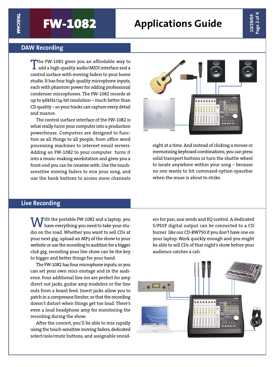 Fw-1082, Applications guide, Daw recording live recording | Teac FW-1082 Applications Guide User Manual | Page 2 / 4