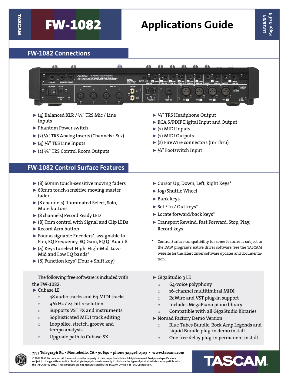 Fw-1082, Applications guide, Fw-1082 connections | Fw-1082 control surface features | Teac FW-1082 Applications Guide User Manual | Page 4 / 4