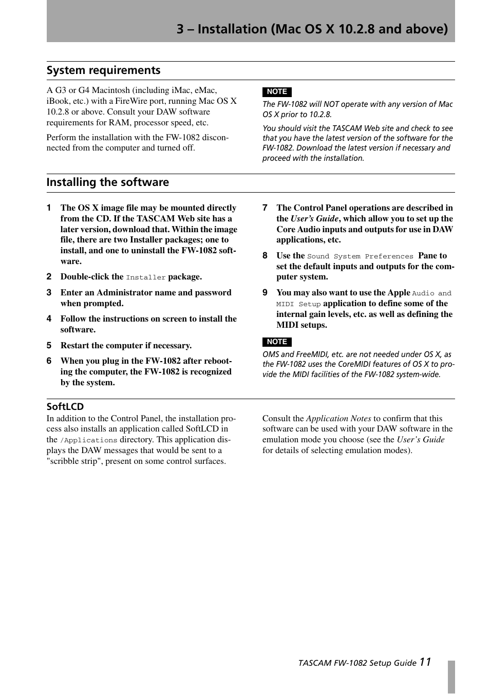 3 - installation (mac os x 10.2.8 and above), System requirements, Installing the software | Softlcd, 3 – installation (mac os x 10.2.8 and above), System requirements installing the software | Teac FW-1082 Setup Guide User Manual | Page 11 / 16