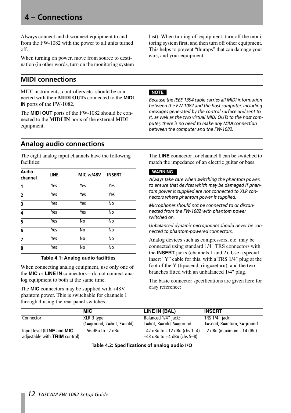 4 - connections, Midi connections, Analog audio connections | 4 – connections, Midi connections analog audio connections | Teac FW-1082 Setup Guide User Manual | Page 12 / 16