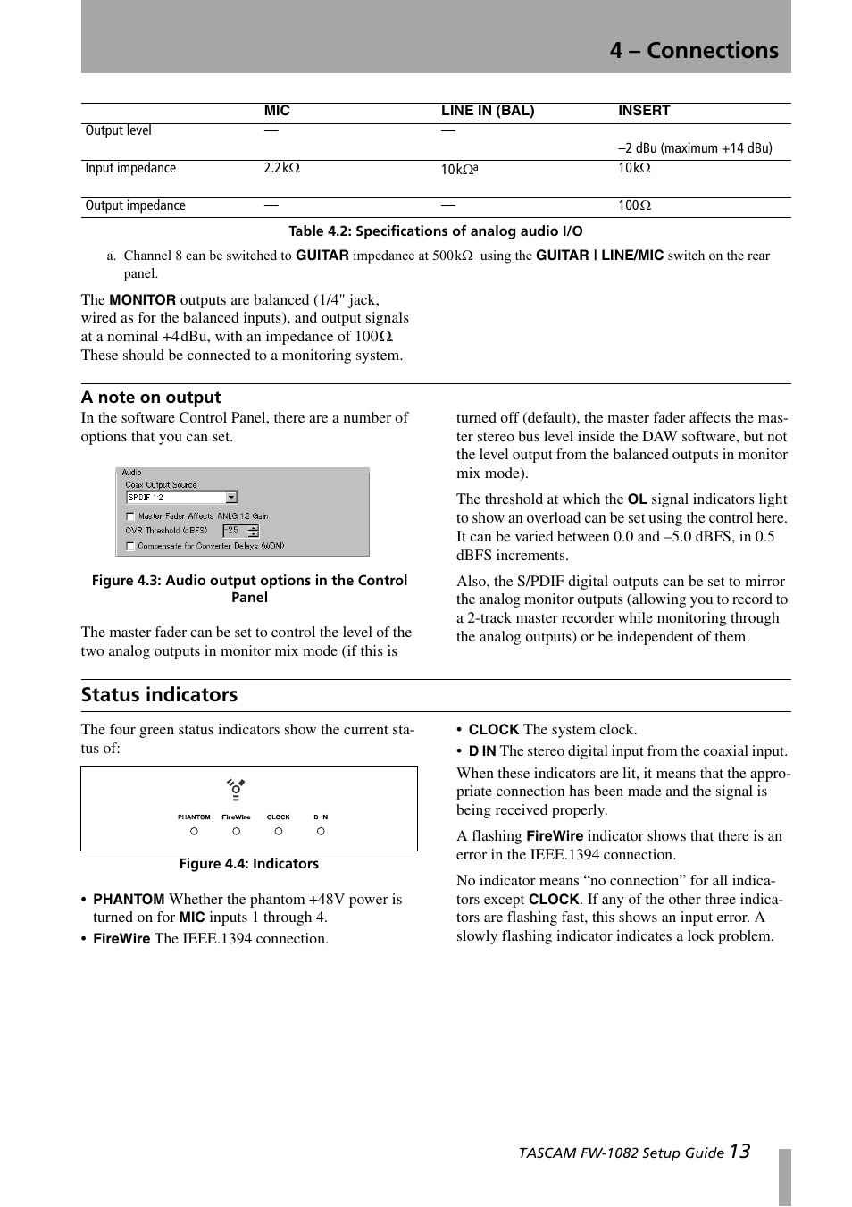 4 – connections, Status indicators | Teac FW-1082 Setup Guide User Manual | Page 13 / 16