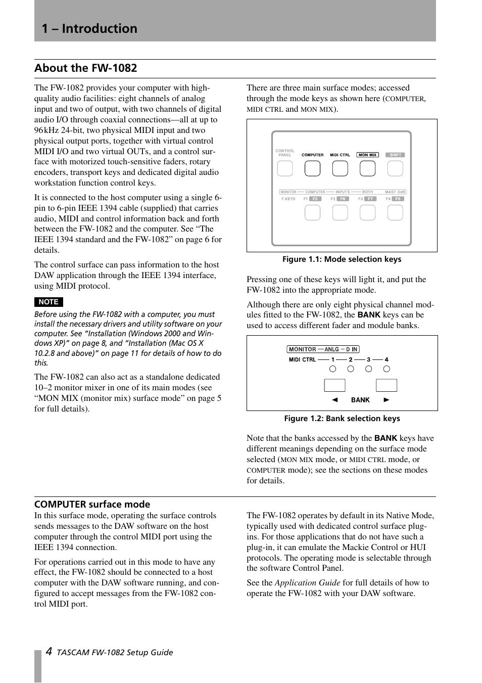 1 - introduction, About the fw-1082, Computer surface mode | 1 – introduction | Teac FW-1082 Setup Guide User Manual | Page 4 / 16