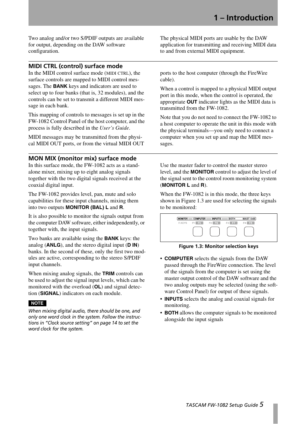 Midi ctrl (control) surface mode, Mon mix (monitor mix) surface mode, Figure 1.3: monitor selection keys | 1 – introduction | Teac FW-1082 Setup Guide User Manual | Page 5 / 16