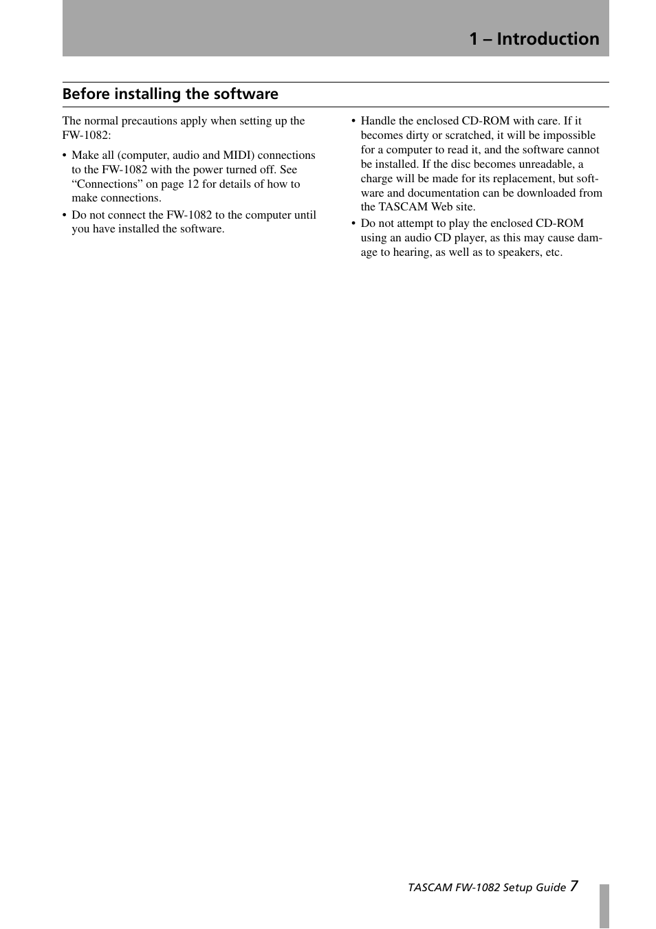 Before installing the software, 1 – introduction, 7before installing the software | Teac FW-1082 Setup Guide User Manual | Page 7 / 16