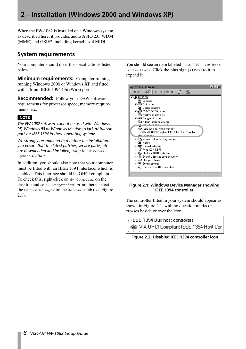 2 - installation (windows 2000 and windows xp), System requirements, 2 – installation (windows 2000 and windows xp) | Teac FW-1082 Setup Guide User Manual | Page 8 / 16