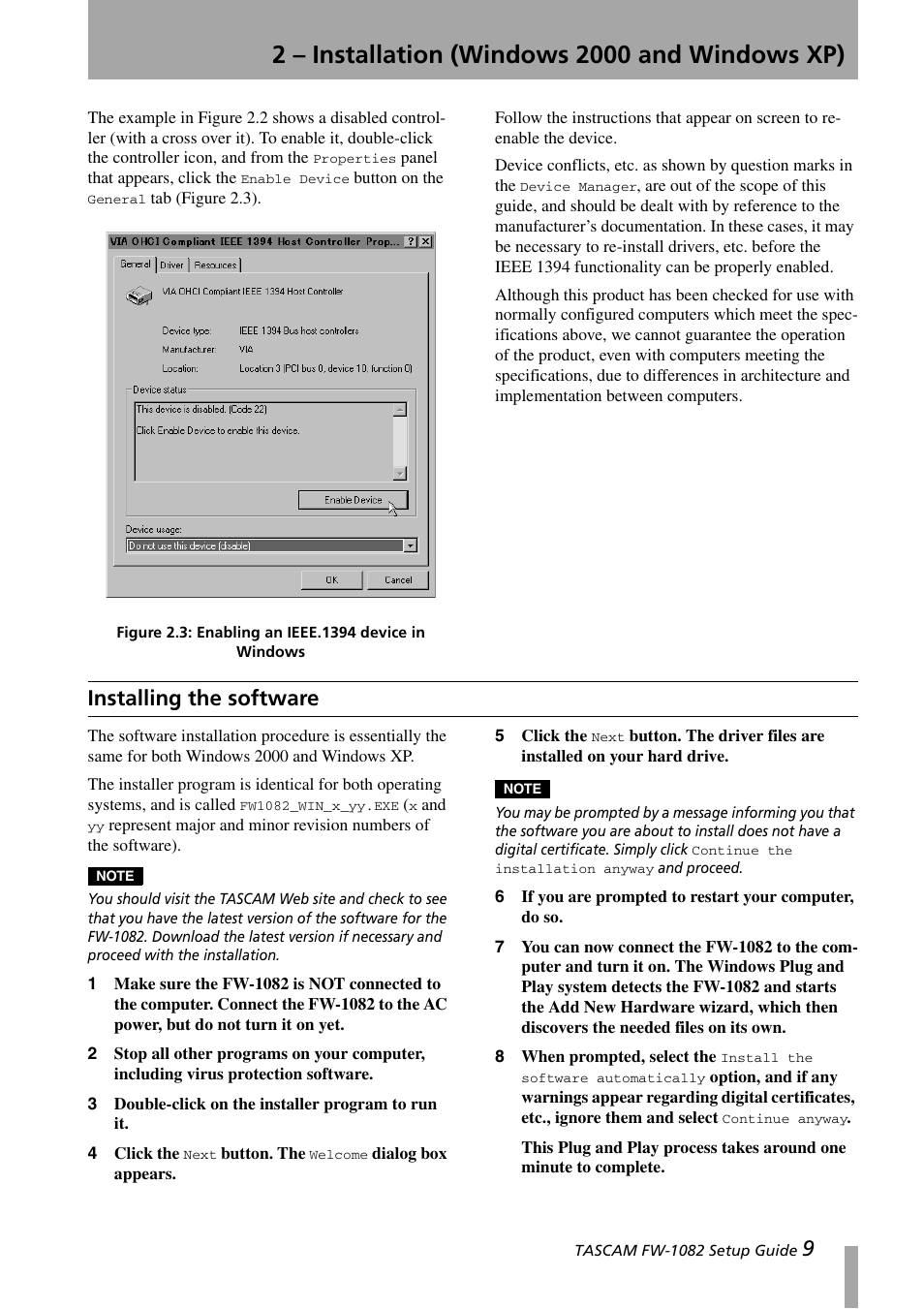 Installing the software | Teac FW-1082 Setup Guide User Manual | Page 9 / 16