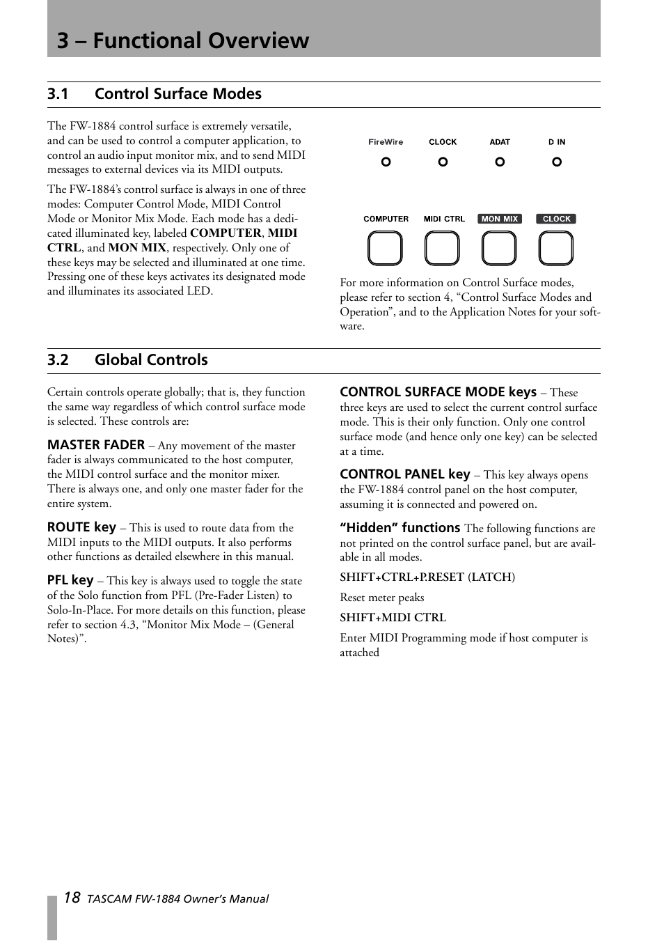 3 - functional overview, 1 control surface modes, 2 global controls | 3 – functional overview, Control surface modes, Global controls | Teac FW-1884 User Manual | Page 18 / 42