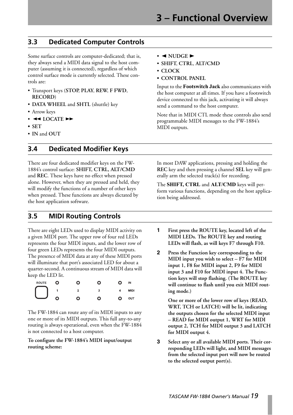 3 dedicated computer controls, 4 dedicated modifier keys, 5 midi routing controls | Dedicated computer controls, Dedicated modifier keys, Midi routing controls, Fer to section 3.5, “midi routing controls, 3 – functional overview, 19 3.3 dedicated computer controls | Teac FW-1884 User Manual | Page 19 / 42