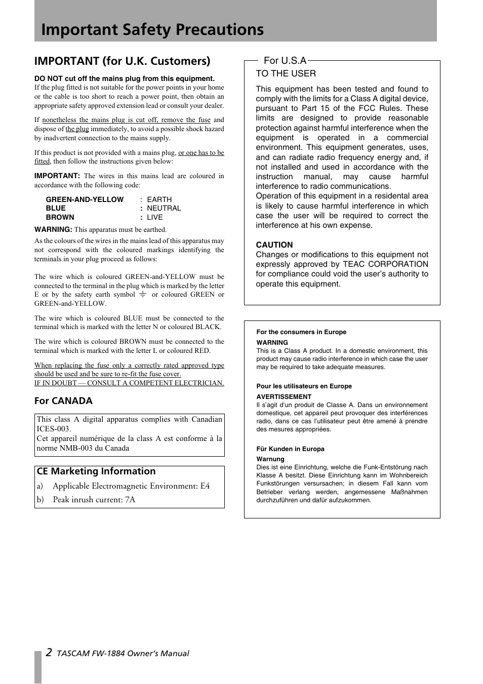 Important safety precautions, Important (for u.k. customers), For u.s.a | For canada, Ce marketing information | Teac FW-1884 User Manual | Page 2 / 42