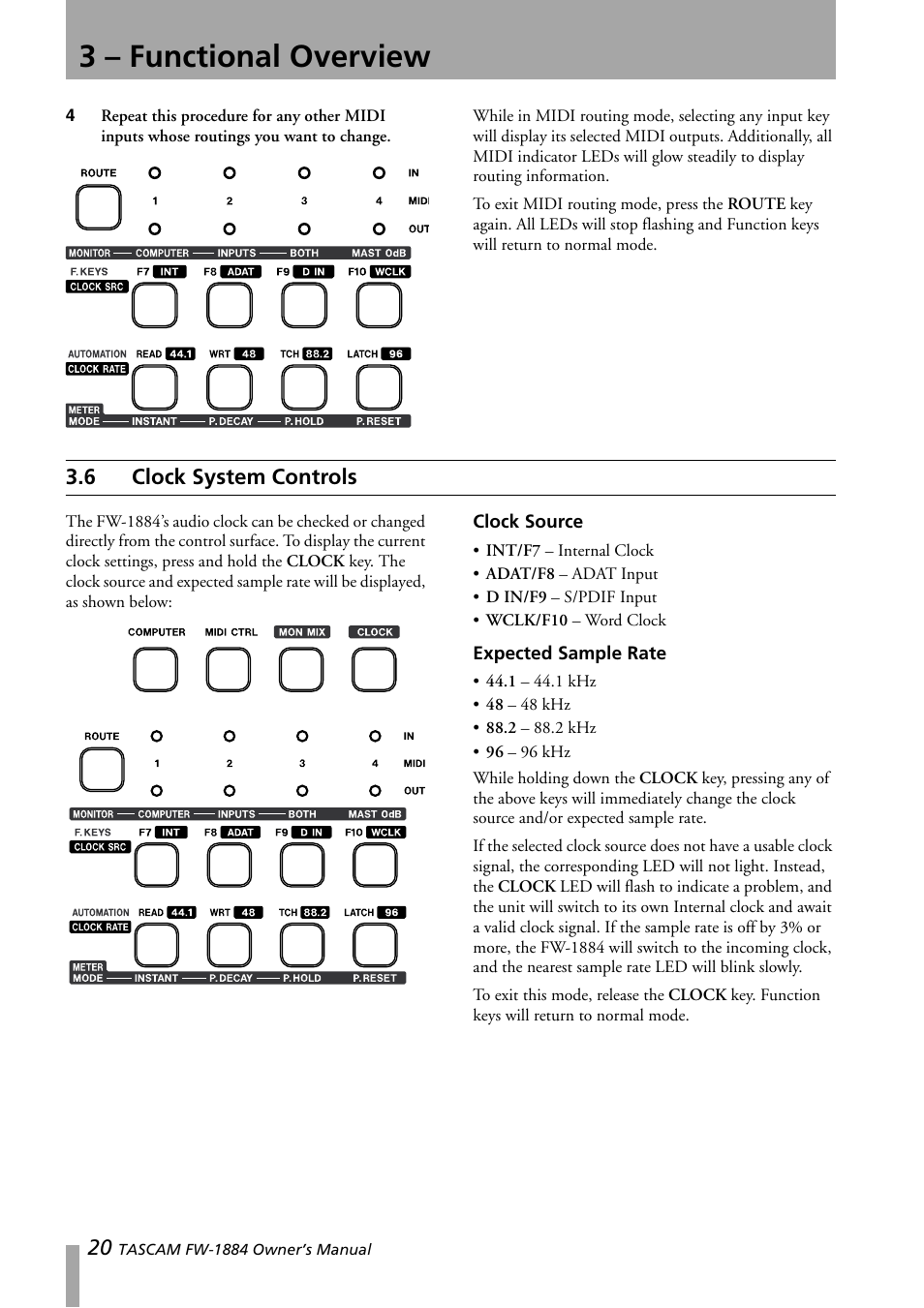 6 clock system controls, Clock system controls, To section 3.6, “clock system controls | 3 – functional overview | Teac FW-1884 User Manual | Page 20 / 42