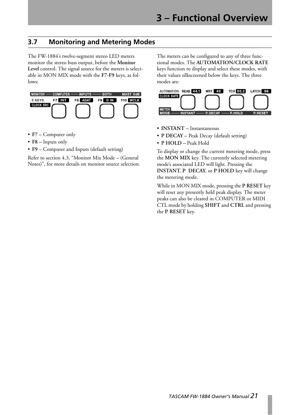 7 monitoring and metering modes, Monitoring and metering modes, Fer to section 3.7, “monitoring and metering modes | 3 – functional overview | Teac FW-1884 User Manual | Page 21 / 42