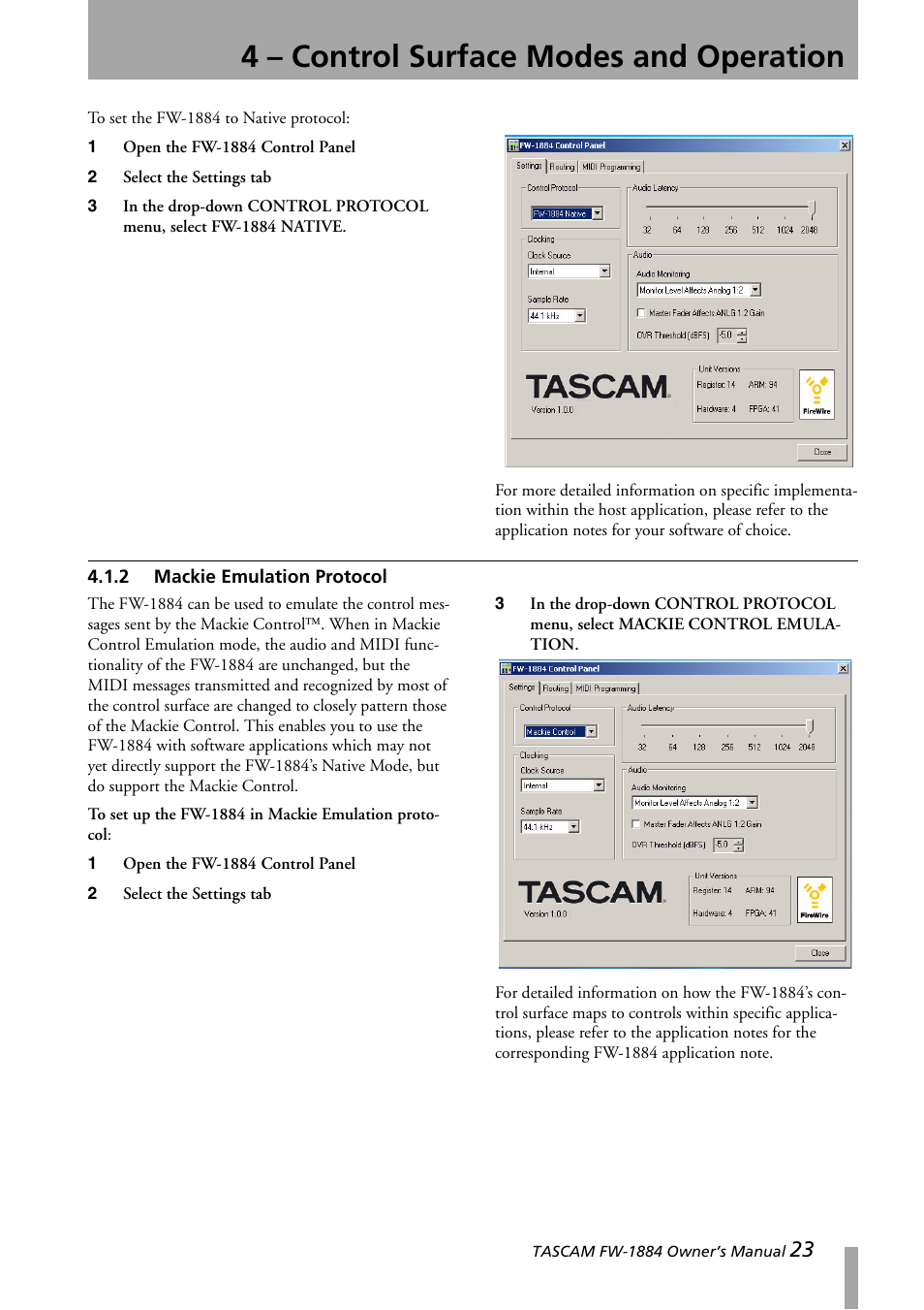 2 mackie emulation protocol, Mackie emulation protocol, 4 – control surface modes and operation | Teac FW-1884 User Manual | Page 23 / 42