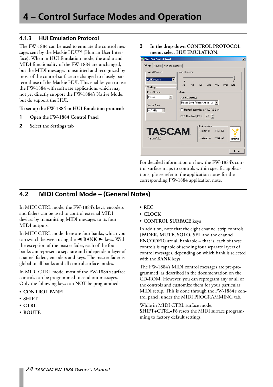 3 hui emulation protocol, 2 midi control mode - (general notes), Hui emulation protocol | Midi control mode – (general notes), 4 – control surface modes and operation | Teac FW-1884 User Manual | Page 24 / 42