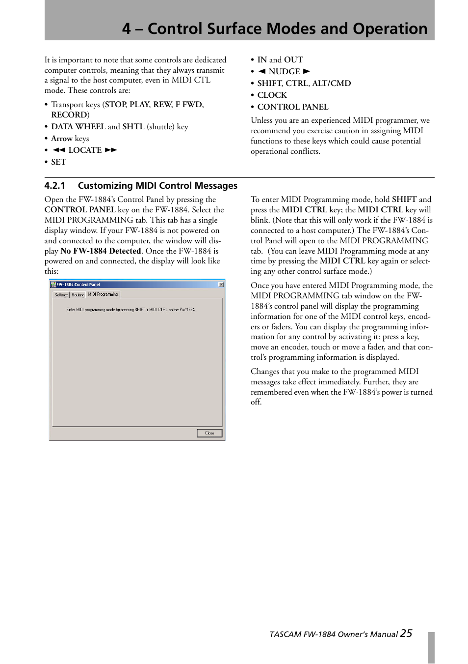 1 customizing midi control messages, Customizing midi control messages, 4 – control surface modes and operation | Teac FW-1884 User Manual | Page 25 / 42