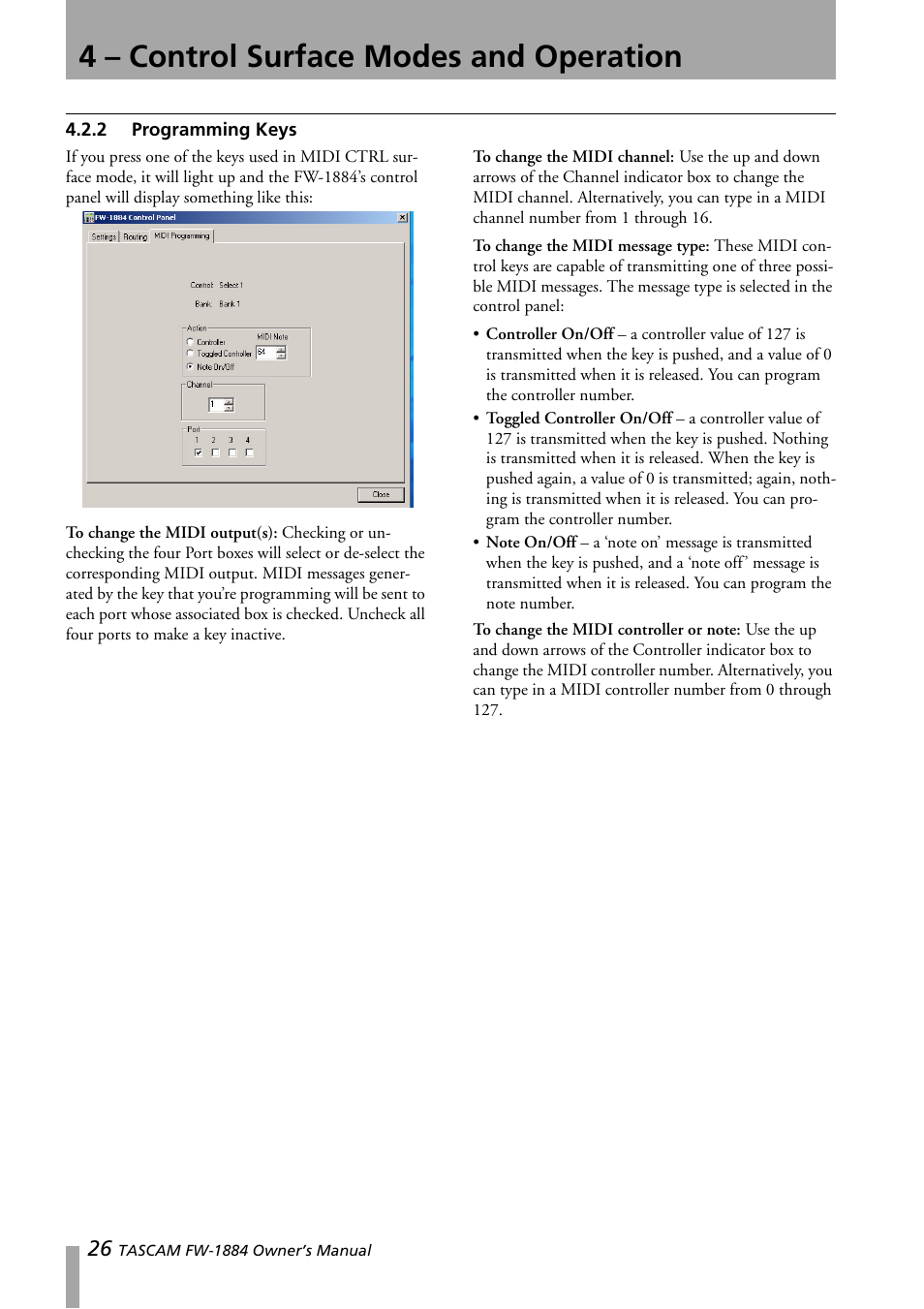 2 programming keys, Programming keys, 4 – control surface modes and operation | Teac FW-1884 User Manual | Page 26 / 42